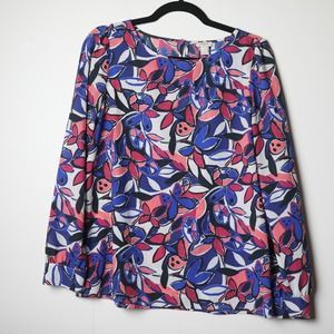 J. Crew Bright Blue Pink White Floral Butterfly Abstract Blouse